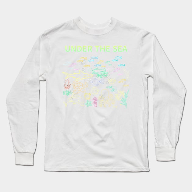 under the sea,blue sea,sea creatures,Turtle, puffer fish, starfish, shrimp, shark, tropical fish, sea horse, seaweed, sardines, squid, crabs, clams Long Sleeve T-Shirt by zzzozzo